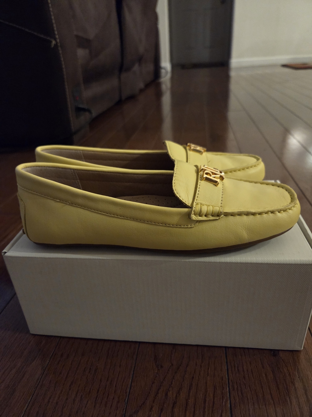 Ralph Lauren Yellow Leather Moccasin Loafers with Gold Hardware